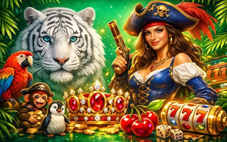 Queen Casino hero banner con personaggi tropicali